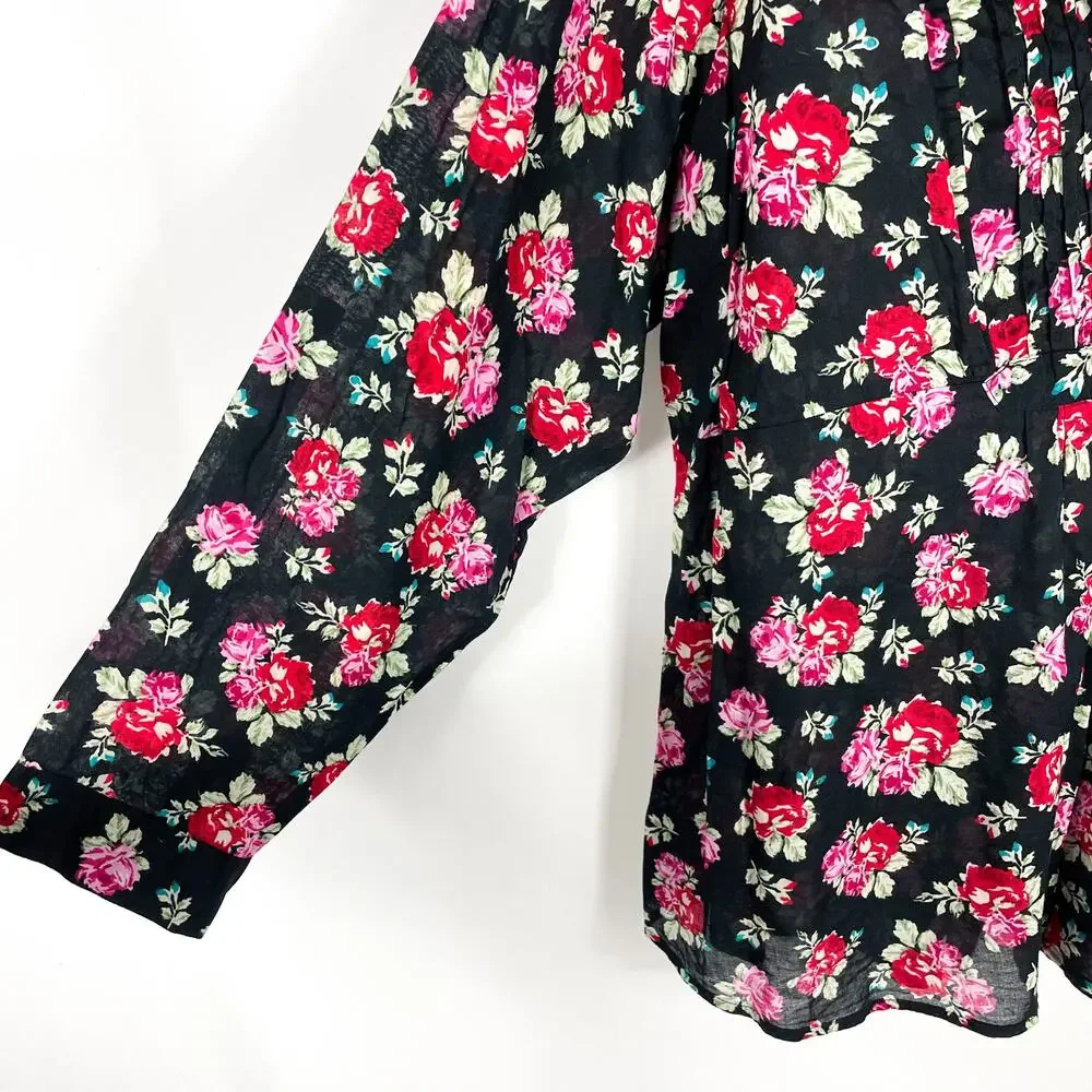 Torrid Top Black Red Floral Print Pleated V-Neck Long Sleeve Sz 3X Cotton Womens